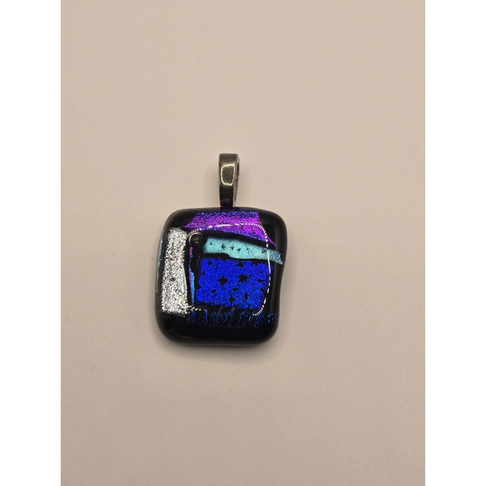 Artisan Dichroic Glass Pendant Square Iridescent Blue Purple Silver Black Bail